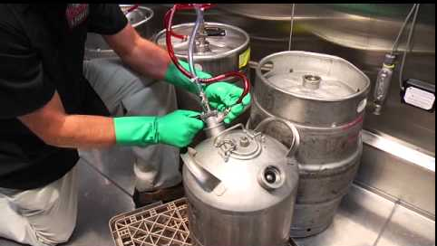 Mike's technician cleaning draft beer lines and keg couplers in green gloves — Draft Line Cleaning Service