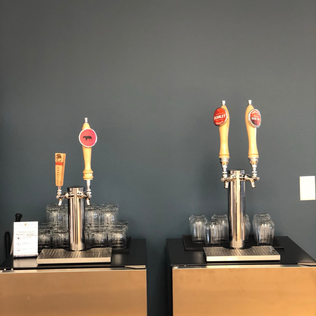 Two draft towers installed in a San Francisco office by Mike's, pouring kombucha and cold-brew iced tea, with glassware